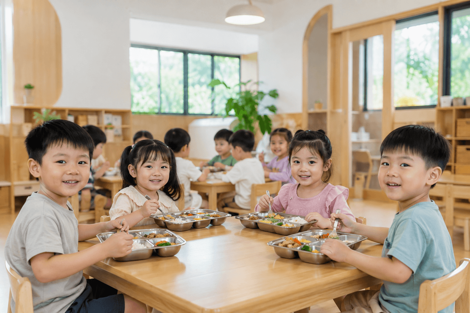 幼儿园儿童在自然光教室内用餐