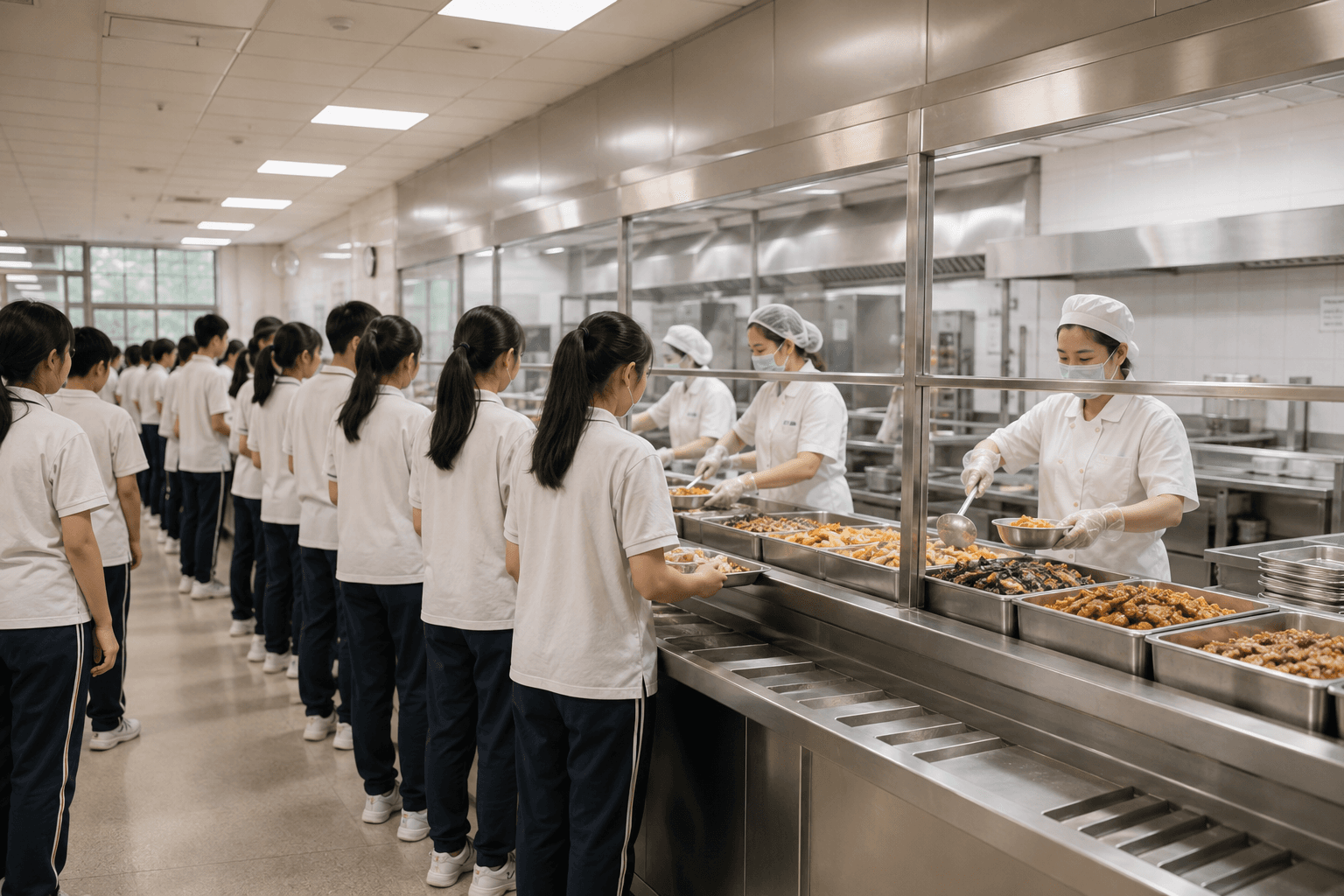 学生在学校食堂有序取餐